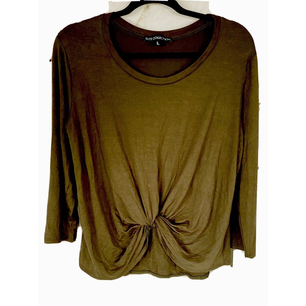 NWT Elite Collection Women’s Blouse Green Long Sleeve, Twist Front Top Large